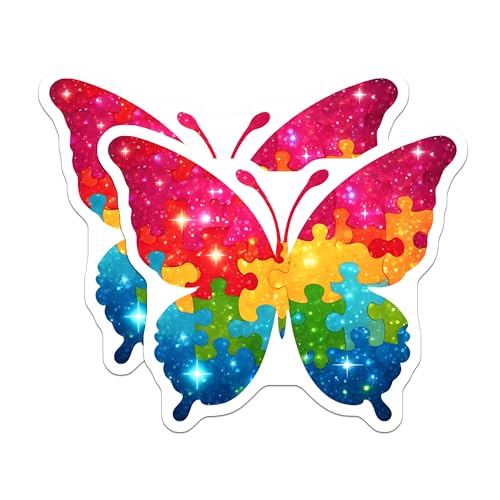 (2 Pack) Colorful Butterfly Stickers - Puzzle Piece Design - Rainbow - Vibrant Decal - 5" On Longest Side - Sticks to Smooth Flat Surfaces - Made in USA - BMCS7896