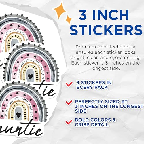 (3 Pack) Auntie Rainbow Decals - Cute Aunt - Modern Auntie Gift - 3 Inches On Longest Side - Easy Peel & Apply - Made in USA - 3MCS8097