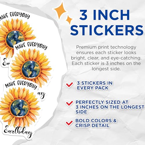 (3 Pack) Earth Day Decals - Sunflower Earth - Earthday Laptop Decals - 3 Inches On Longest Side - Easy Peel & Apply - Made in USA - 3MCS7200