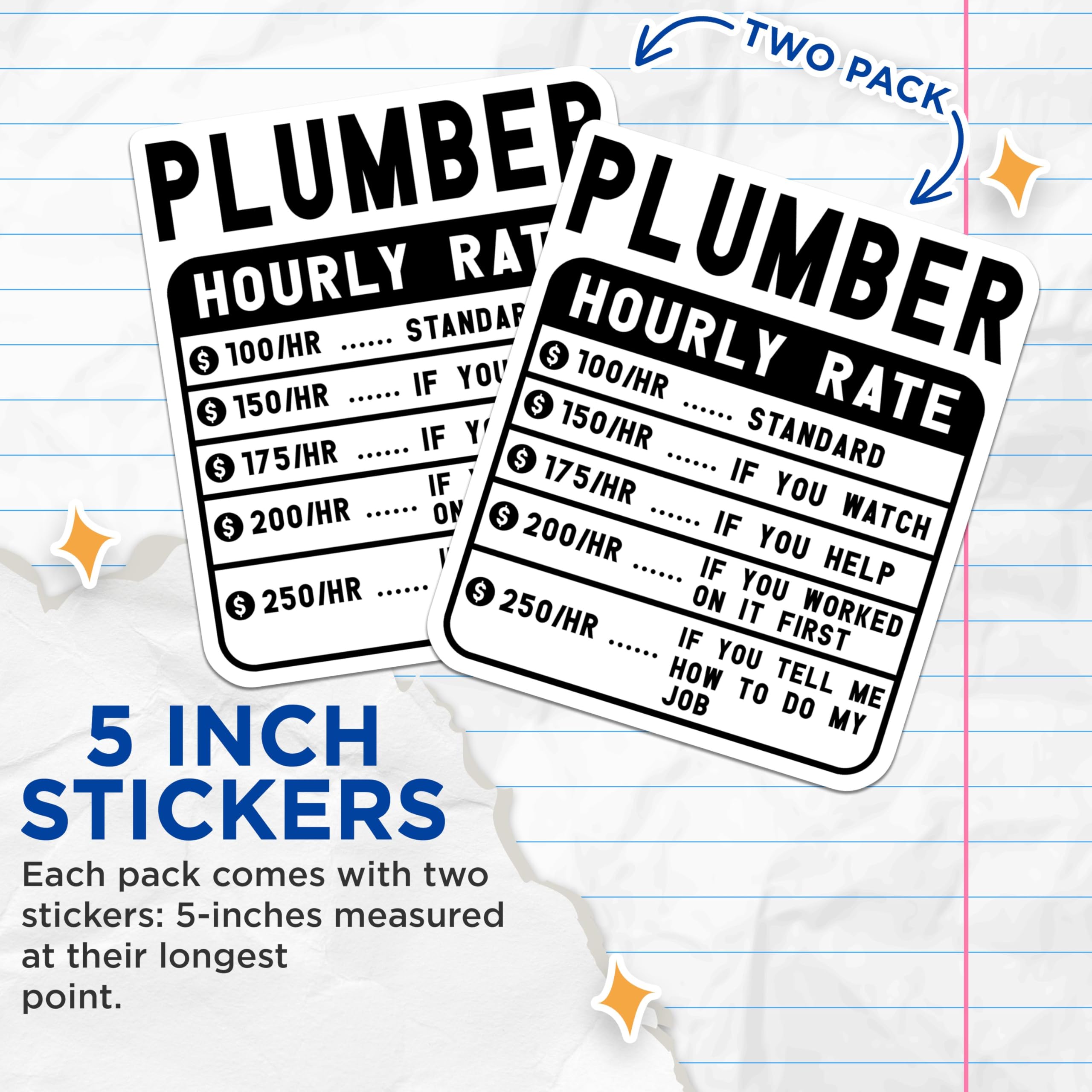 (2 Pack) Plumber Hourly Rate Stickers - Funny Plumber Price List - Plumber Compensation Chart - Humorous Quote Stickers - 5" On Longest Side - Sticks to Smooth Flat Surfaces - Made in USA - BMCS5015