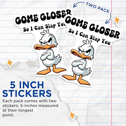 (2 Pack) Funny Duck Stickers - Humorous Animal Stickers - Come Closer Slap You Sticker - 5" On Longest Side - Sticks to Smooth Flat Surfaces - Made in USA - BMCS5652