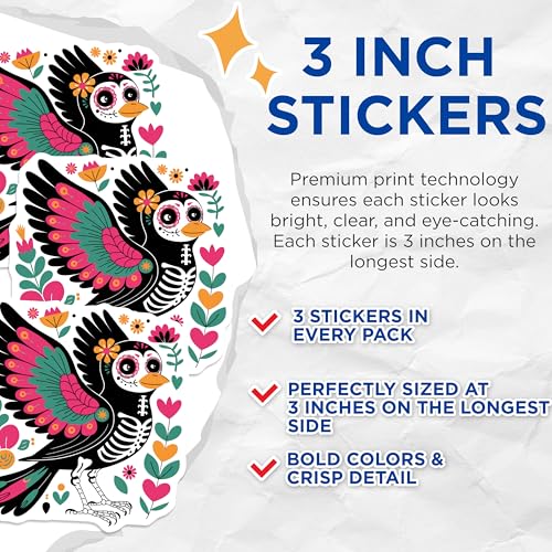 (3 Pack) Sugar Skull Bird Decals - Day of The Dead - Laptop Decal - 3 Inches On Longest Side - Easy Peel & Apply - Made in USA - 3MCS8218