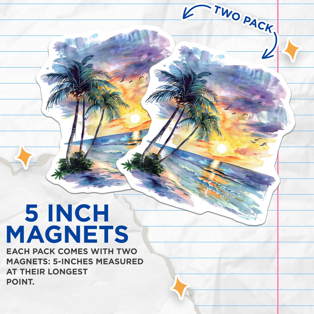 (2 Pack) Beach Sunset Magnets - Tropical Palm Tree Decor - Coastal Refrigerator Art - 5 Inches On Longest Side - Thick Durable Magnet - Made in USA - MAG38016