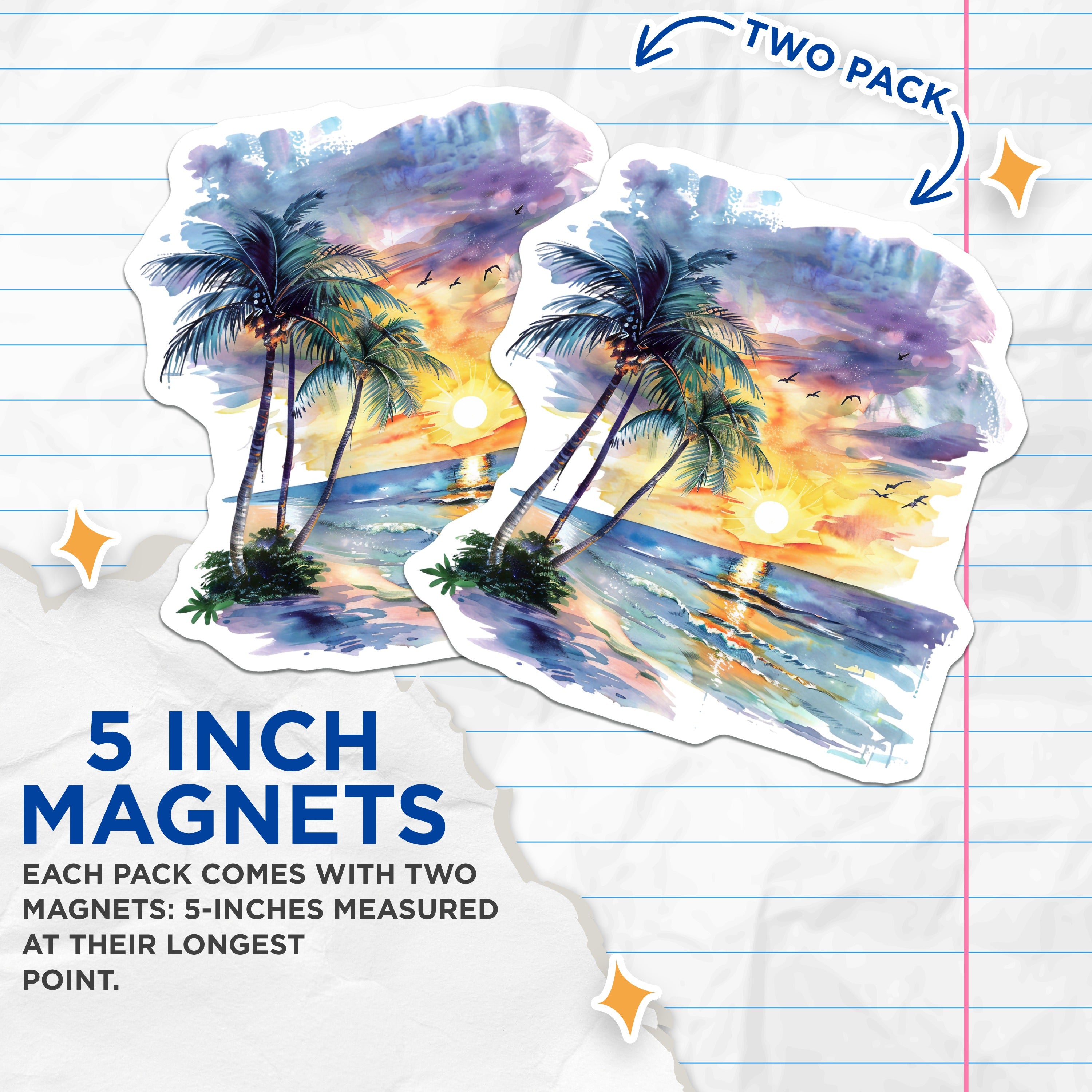 (2 Pack) Beach Sunset Magnets - Tropical Palm Tree Decor - Coastal Refrigerator Art - 5 Inches On Longest Side - Thick Durable Magnet - Made in USA - MAG38016