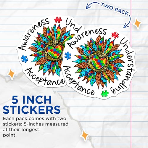 (2 Pack) Autism Awareness Stickers - Understanding - Acceptance - 5" On Longest Side - Sticks to Smooth Flat Surfaces - Made in USA - BMCS8477