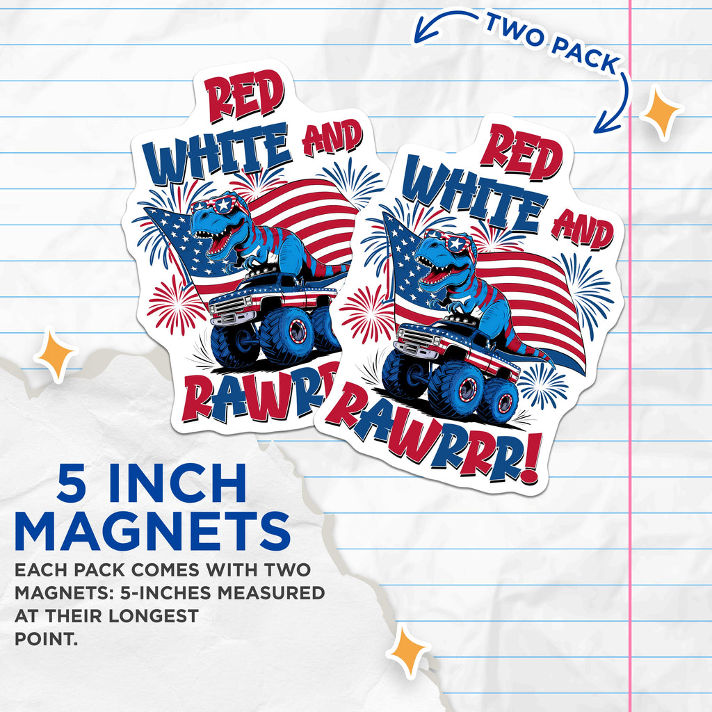 (2 Pack) Patriotic Dinosaur Magnets - Monster Truck T-Rex - 4th of July Independence Day USA - 5 Inches On Longest Side - Thick Durable Magnet - Made in USA - MAG38184