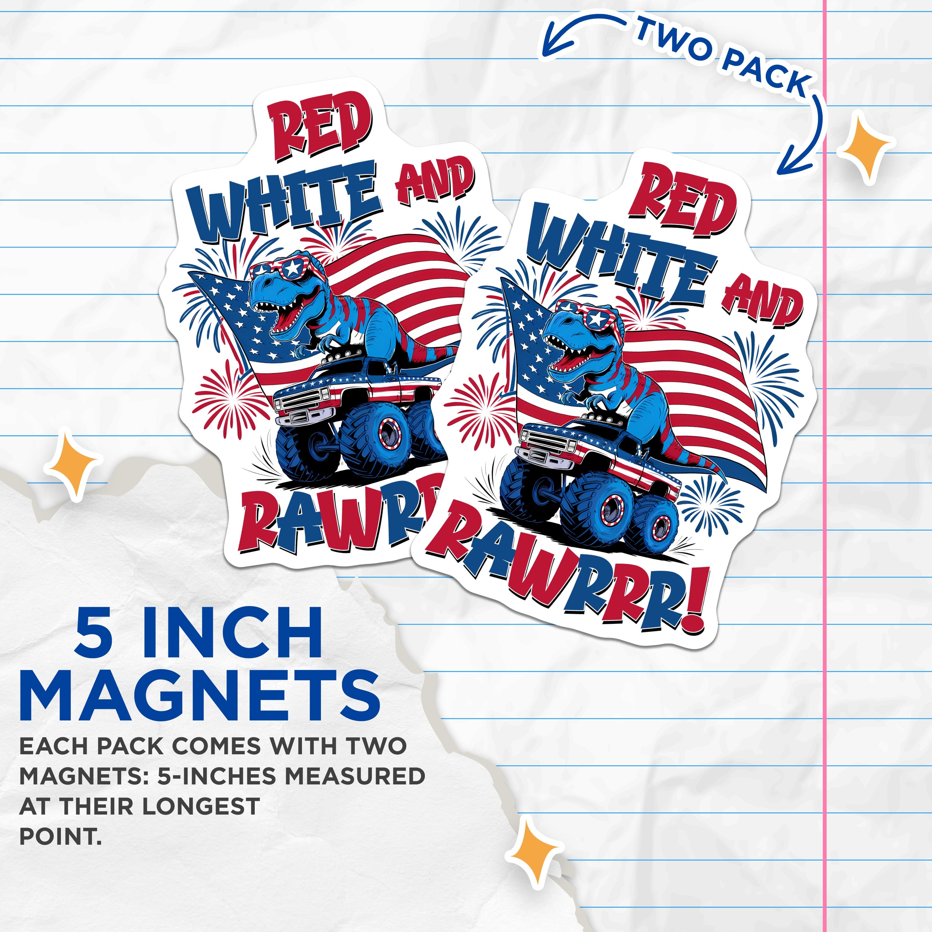 (2 Pack) Patriotic Dinosaur Magnets - Monster Truck T-Rex - 4th of July Independence Day USA - 5 Inches On Longest Side - Thick Durable Magnet - Made in USA - MAG38184