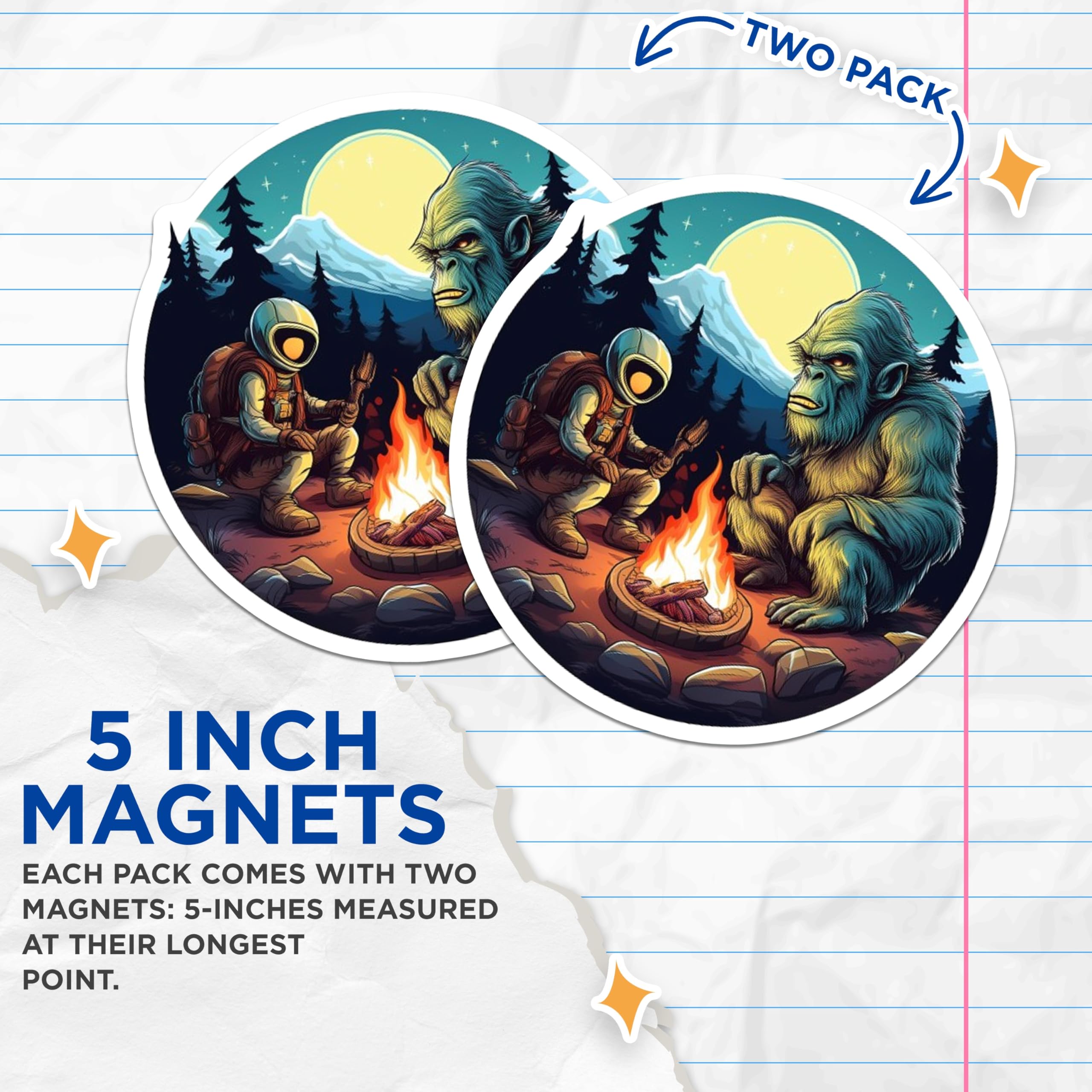 (2 Pack) Bigfoot Magnets - Astronaut Campfire Scene - Mountain Wilderness Explorer - Cryptid Folk Art Decor - 5 Inches On Longest Side - Thick Durable Magnet - Made in USA - MAG21723