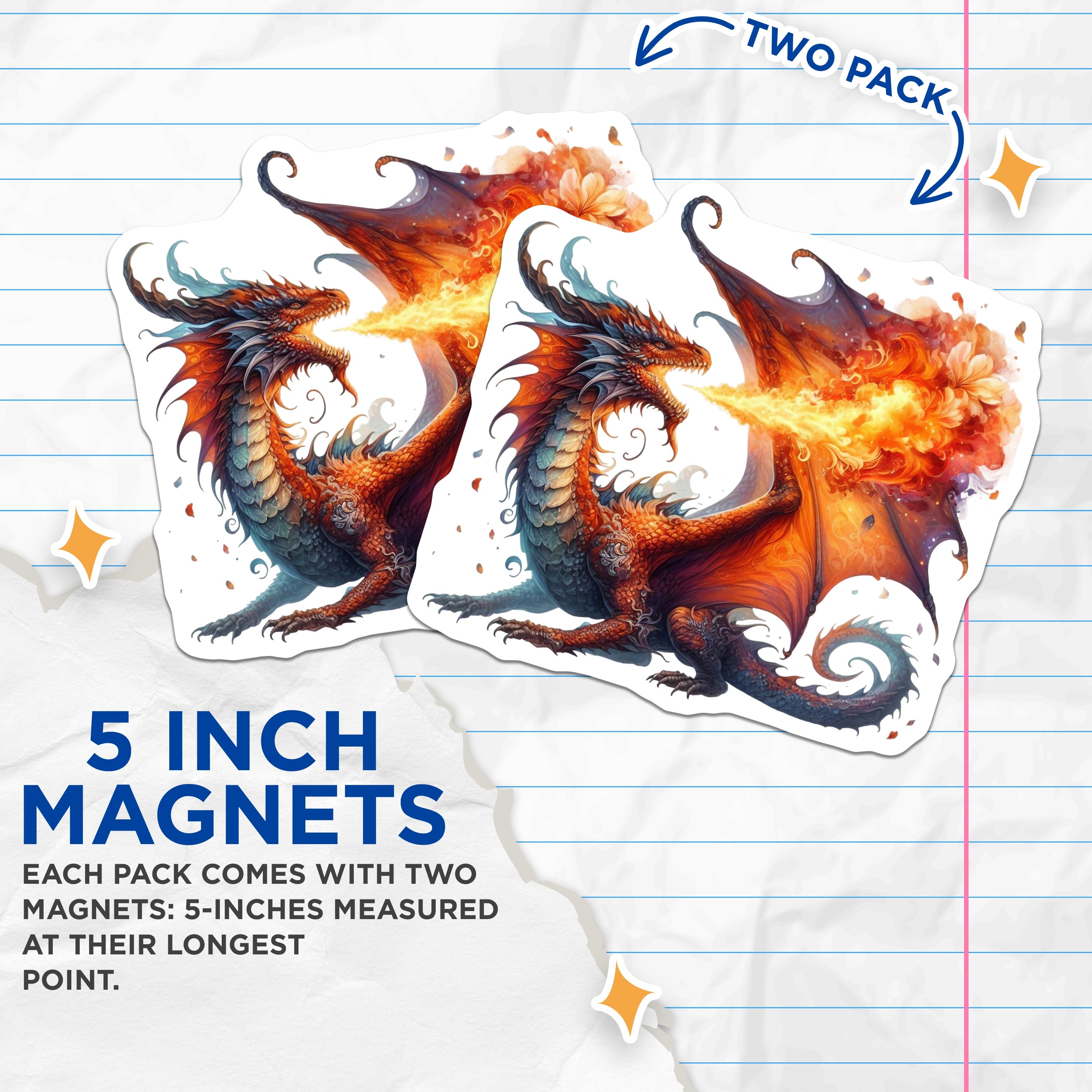 (2 Pack) Fire Breathing Dragon Magnets - Fantasy Art Decor - Mythical Creature Game Room - Epic Dragon Lovers - 5 Inches On Longest Side - Thick Durable Magnet - Made in USA - MAG39780