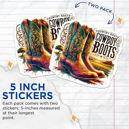 (2 Pack) Cowboy Boots Stickers - Country Roots Stickers - Farmhouse Decor Stickers - 5" On Longest Side - Sticks to Smooth Flat Surfaces - Made in USA - BMCS6817