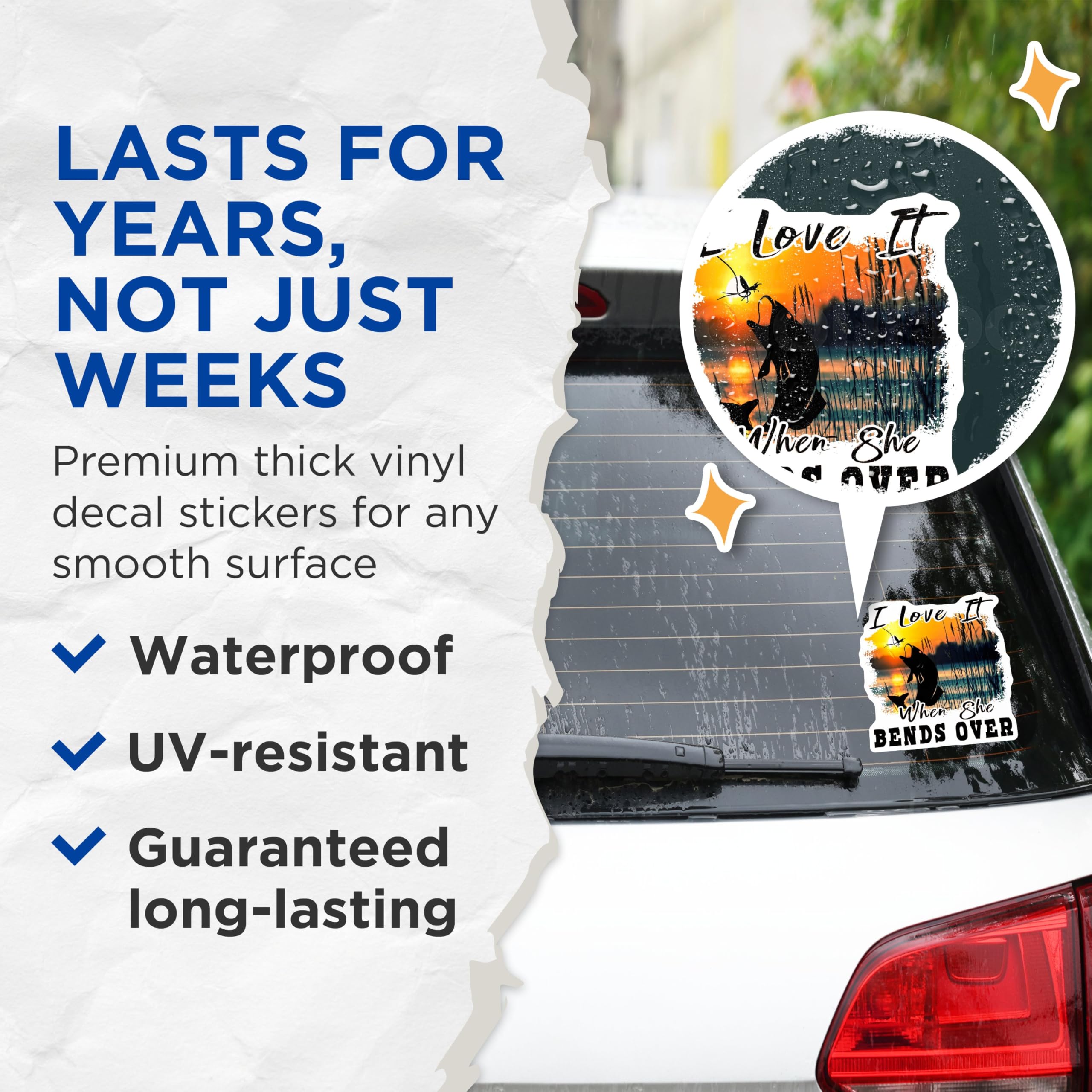 (2 Pack) I Love It When She Bends Over Stickers - Fishing Catfish Angler - Funny Fishing Meme - 5" On Longest Side - Sticks to Smooth Flat Surfaces - Made in USA - BMCS5632