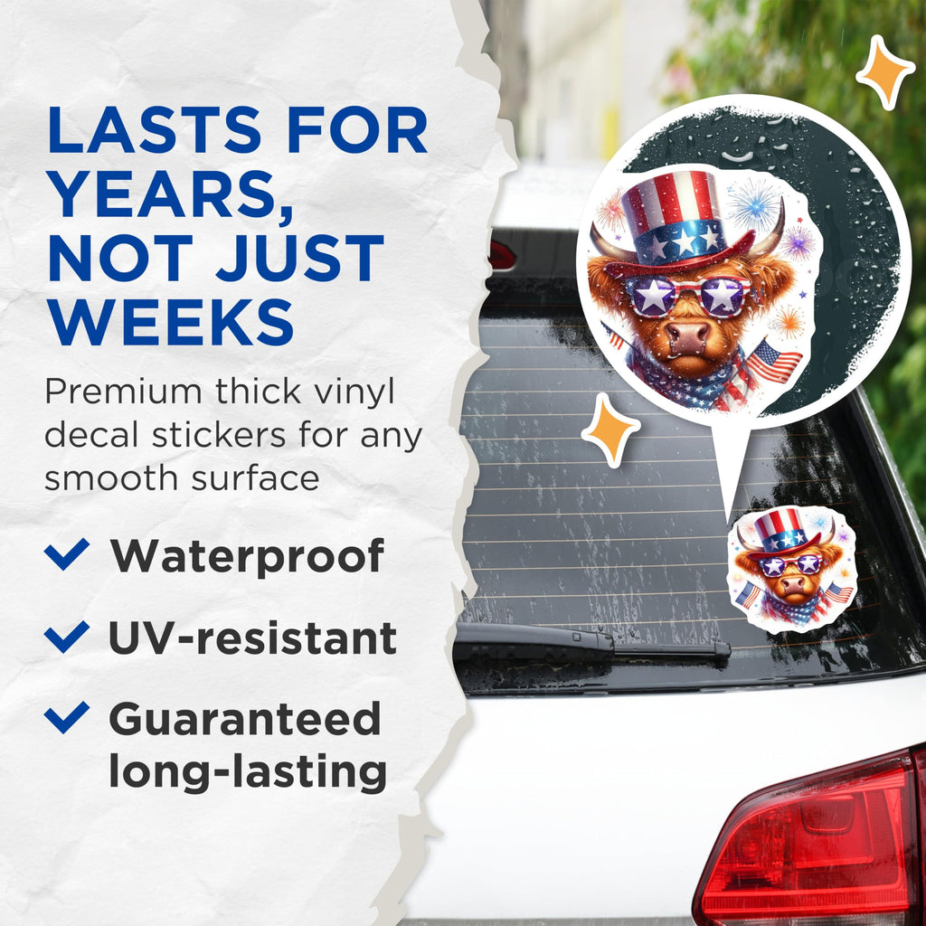 (2 Pack) Patriotic Cow Stickers - American Flag - Independence Day Decor - 5" On Longest Side - Sticks to Smooth Flat Surfaces - Made in USA - BMCS6335