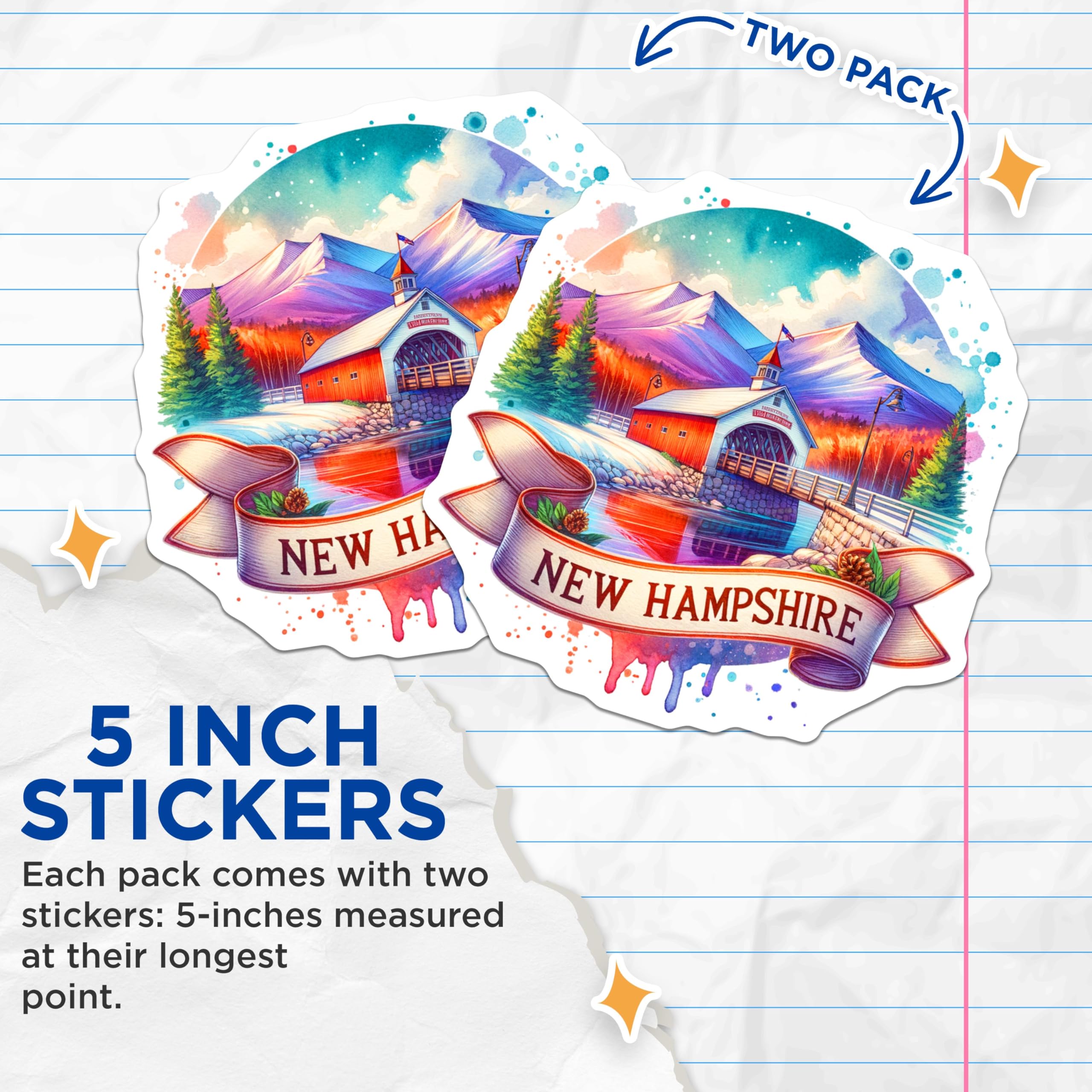 (2 Pack) New Hampshire Stickers - Scenic Mountains - Covered Bridge Watercolor Art - 5" On Longest Side - Sticks to Smooth Flat Surfaces - Made in USA - BMCS6872