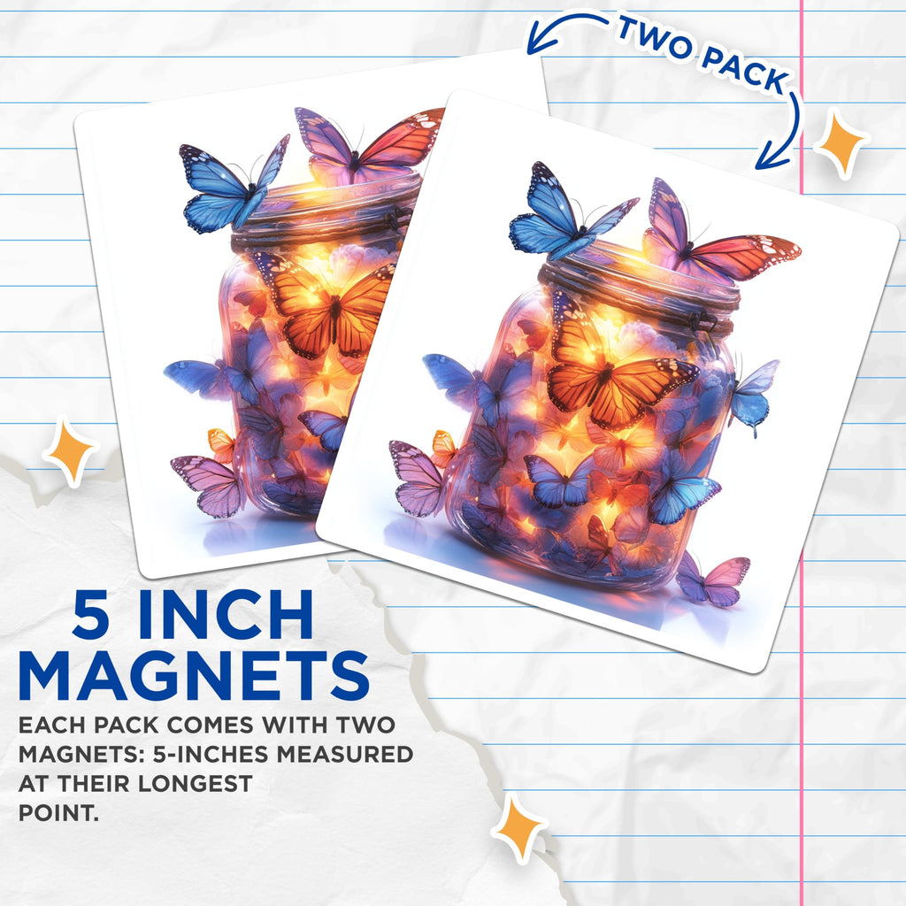 (2 Pack) Glowing Butterfly Magnets - Mason Jar Fairycore Art - Whimsical Nature Refrigerator Decor - 5 Inches On Longest Side - Thick Durable Magnet - Made in USA - MAG30623