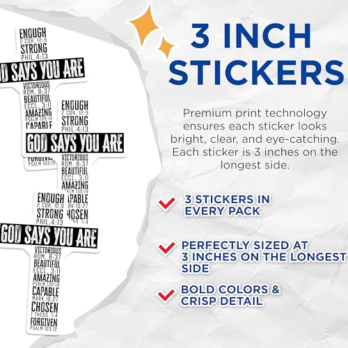 (3 Pack) Christian Decals - Bible Verse Decal - Inspirational Cross Decals - 3 Inches On Longest Side - Easy Peel & Apply - Made in USA - 3MCS4813