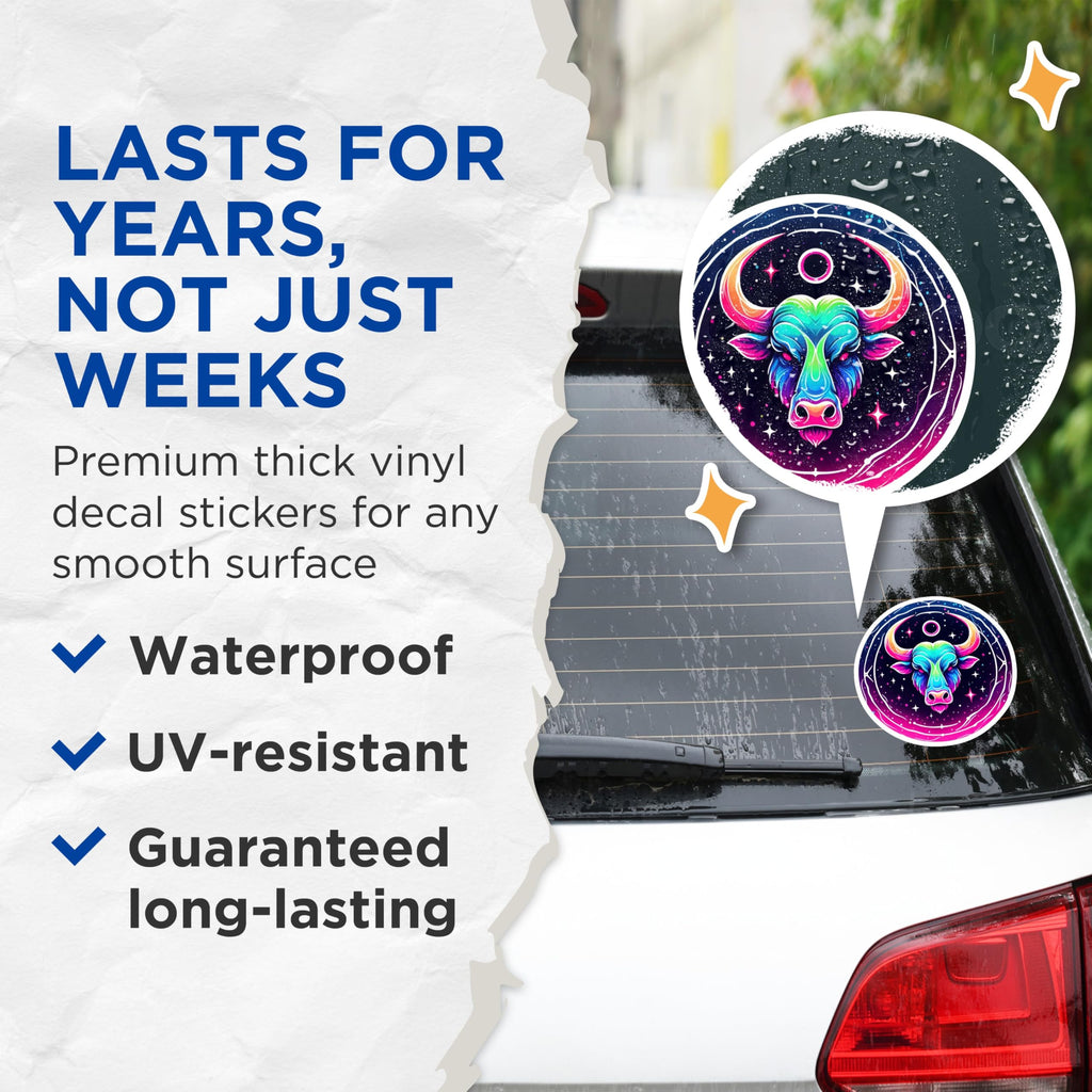 (2 Pack) Taurus Zodiac Stickers - Colorful Astrology Sign - Bull Symbol Decals 5" On Longest Side - Sticks to Smooth Flat Surfaces - Made in USA - BMCS13033