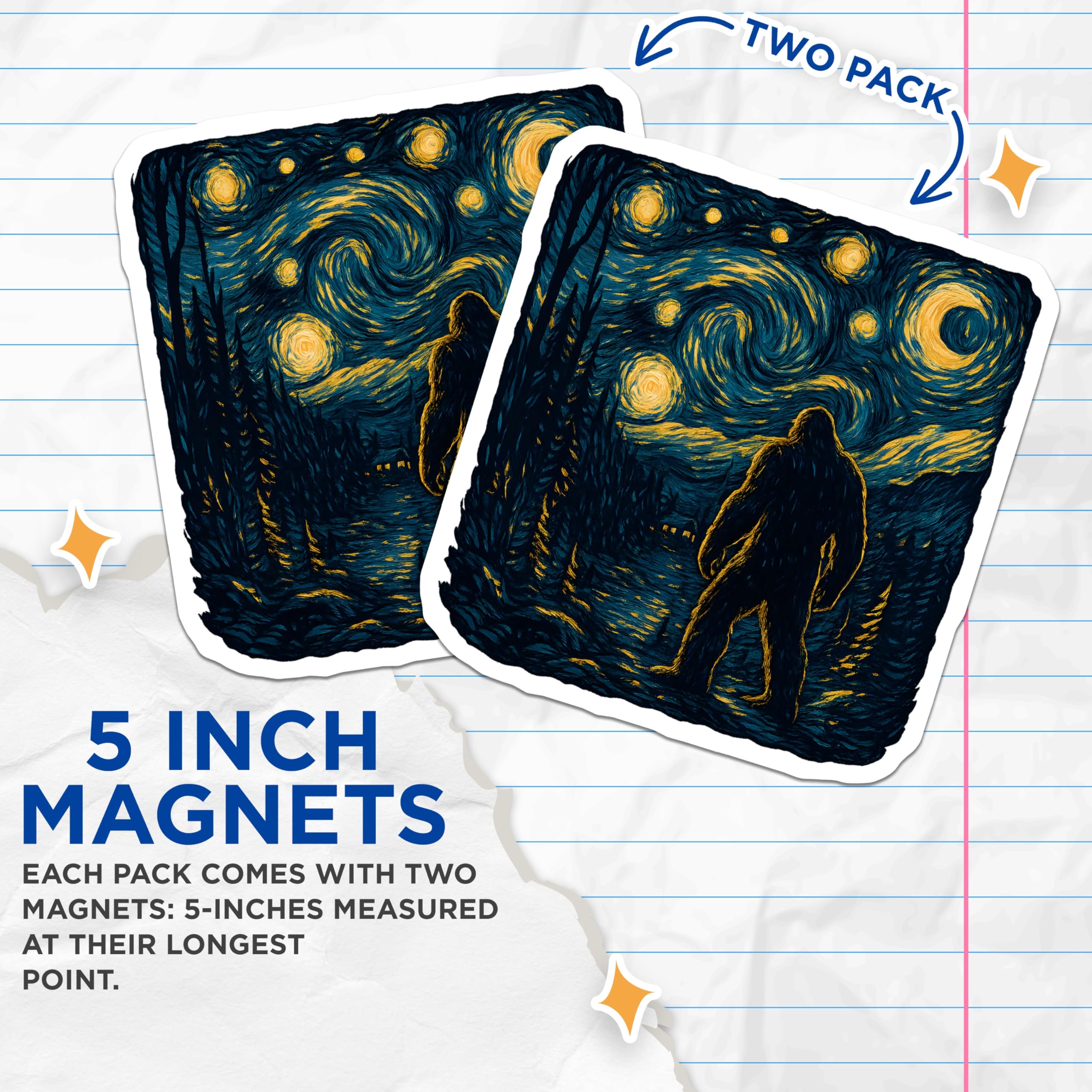(2 Pack) Bigfoot Magnets - Starry Night Sasquatch Art - Van Gogh Style Cryptid Decor - Mysterious Forest Scene Magnets - 5 Inches On Longest Side - Thick Durable Magnet - Made in USA - MAG21893