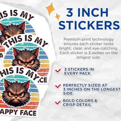 (3 Pack) Grumpy Cat Decals - Funny Feline Sticker - Retro Kitty Laptop Decal - 3 Inches On Longest Side - Easy Peel & Apply - Made in USA - 3MCS6107