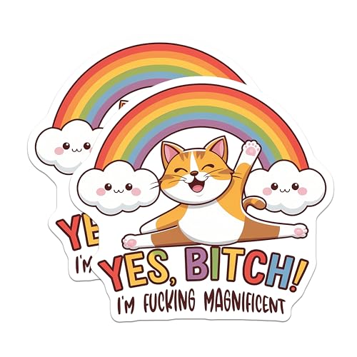 (2 Pack) Yes Bitch Magnets - Cute Cat Magnets - Rainbow Cloud Magnets - 5" On Longest Side - for Cars, Refrigerators, Toolboxes, Lockers - Made in USA BMCS3307