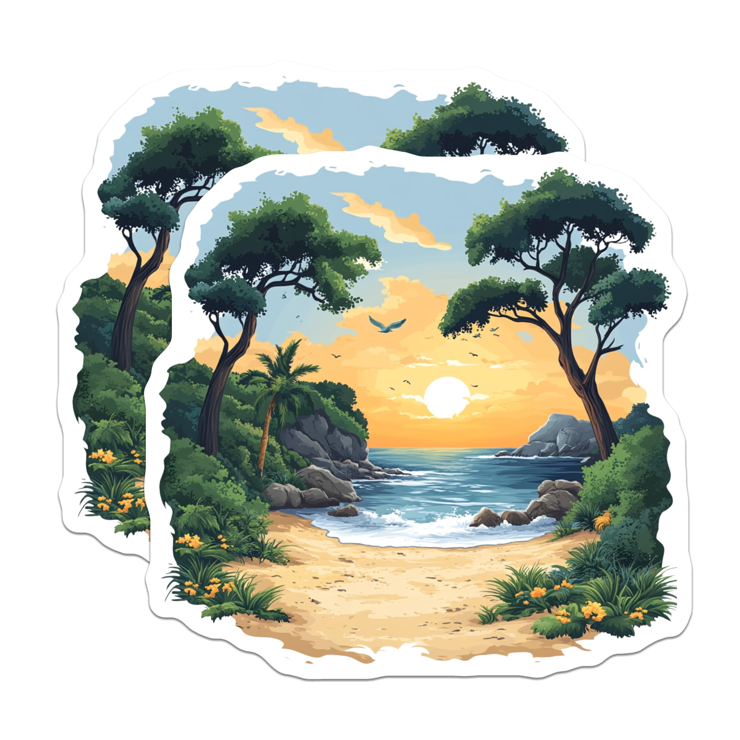 (2 Pack) Serene Ocean Beach Magnets - Tropical Sunset Scene - Vacation Aesthetic Refrigerator Decor - 5 Inches On Longest Side - Thick Durable Magnet - Made in USA - MAG25928