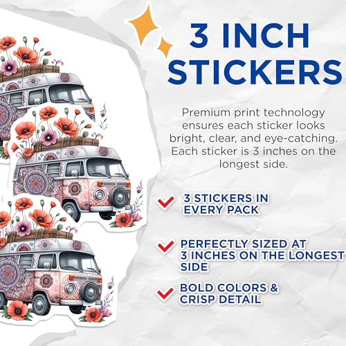 (3 Pack) Hippie Van Decals - Mandala Art - Flower Power Decals - 3 Inches On Longest Side - Easy Peel & Apply - Made in USA - 3MCS7643