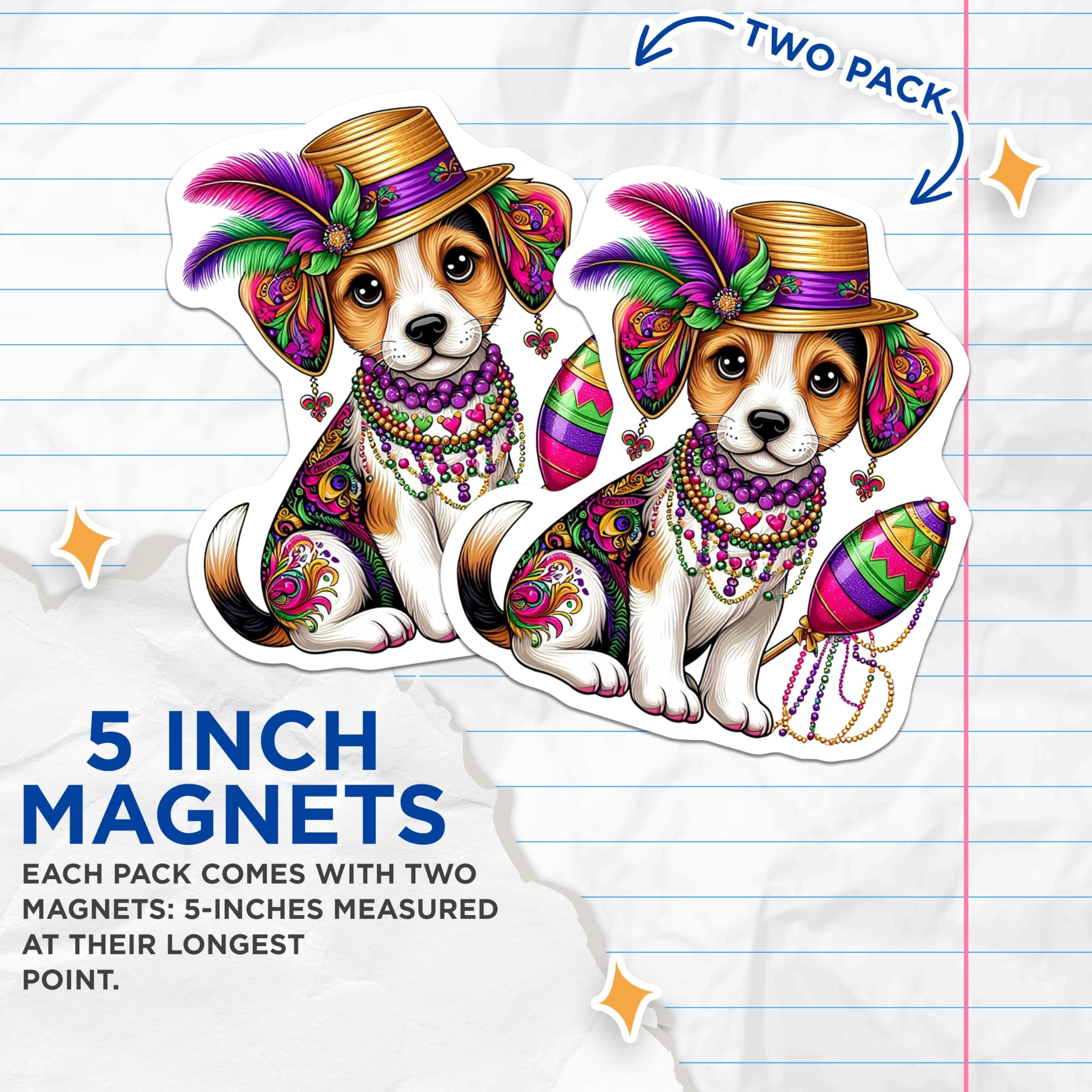 (2 Pack) Mardi Gras Puppy Magnets - Party Beagle - Decorative Dog Magnets - 5" On Longest Side - Premium Magnet - for Cars, Refrigerators, Toolboxes, Lockers - Made in USA - MAG16291