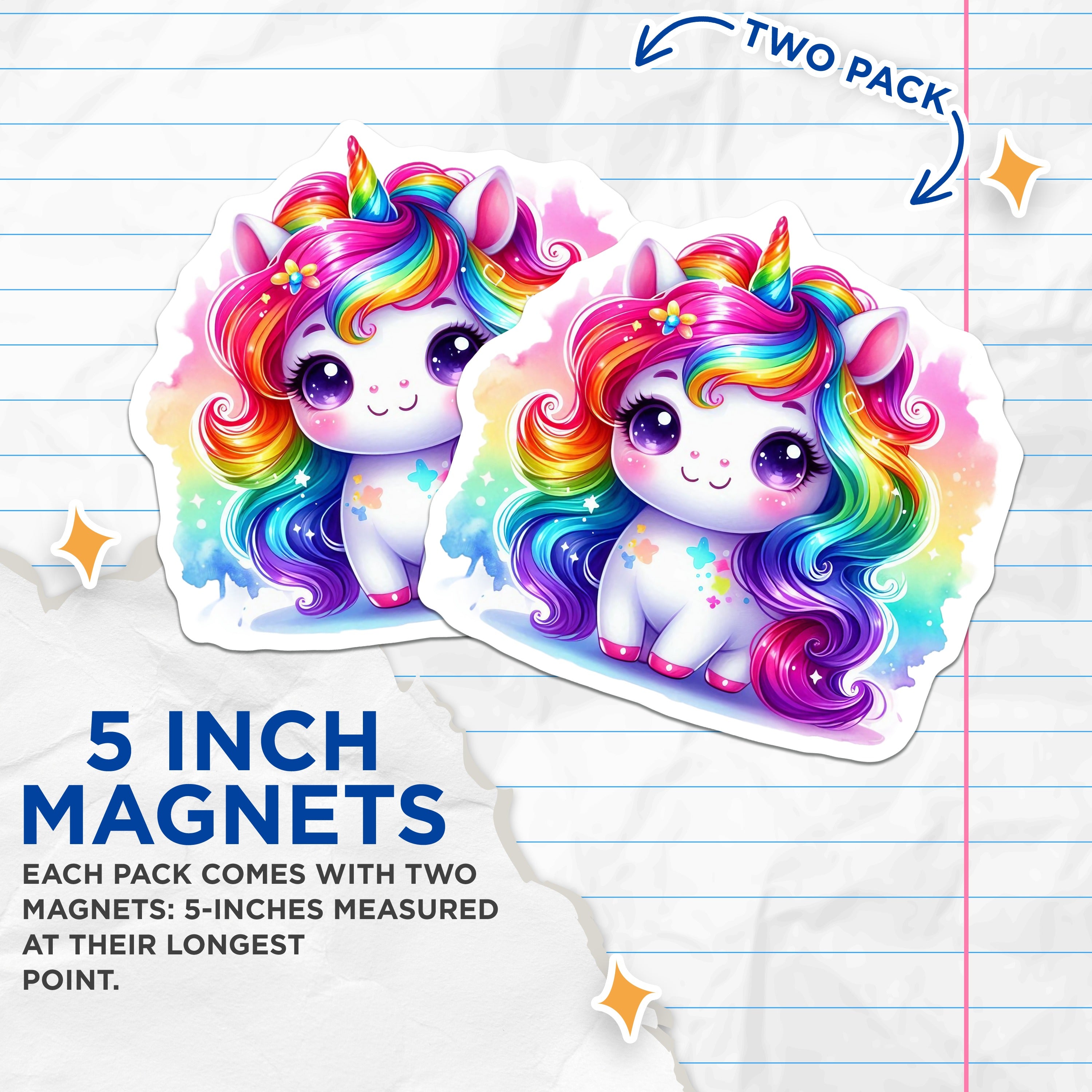 (2 Pack) Cute Unicorn Magnets - Rainbow Mane - Kawaii Fantasy Decor - 5 Inches On Longest Side - Thick Durable Magnet - Made in USA - MAG36629