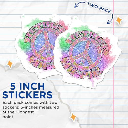 (2 Pack) Retired Hippie Stickers - Peace Sign Stickers - Colorful Hippie Stickers - 5" On Longest Side - Sticks to Smooth Flat Surfaces - Made in USA - BMCS4729