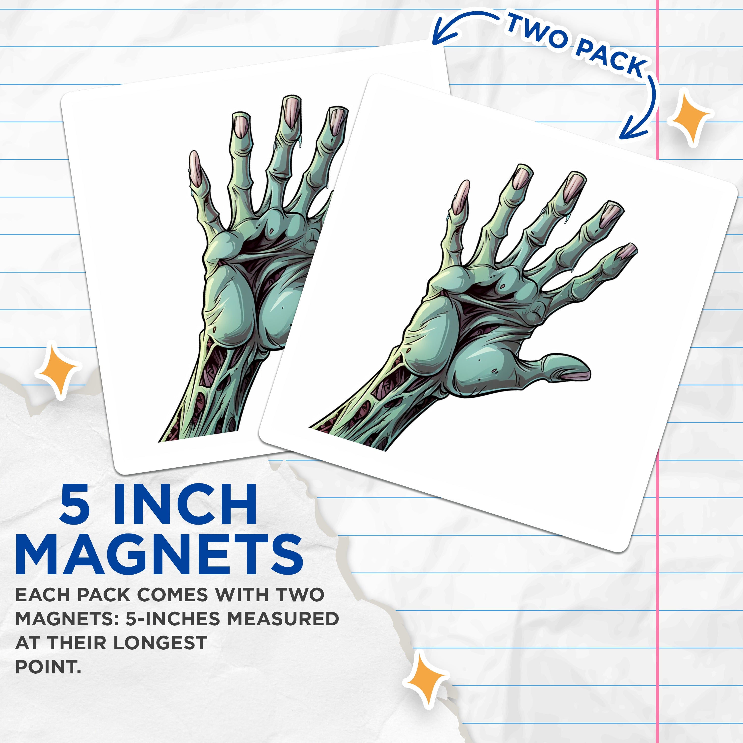 (2 Pack) Zombie Hand Magnets - Undead Ghoul Decor - Spooky Halloween Fridge Art - Horror Fan Accents - 5 Inches On Longest Side - Thick Durable Magnet - Made in USA - MAG36846