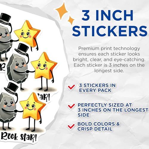 (3 Pack) Rock Star Decals - Cute Cartoon Decal - Laptop Decal - 3 Inches On Longest Side - Easy Peel & Apply - Made in USA - 3MCS6351