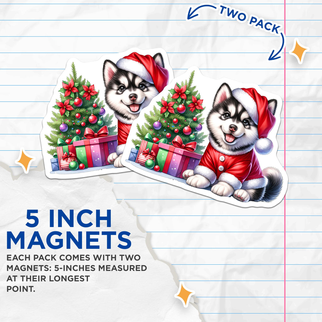 (2 Pack) Christmas Dog Magnets - Santa Puppy Holiday Art - Cute Husky Fridge Accessories - 5 Inches On Longest Side - Thick Durable Magnet - Made in USA - MAG30090