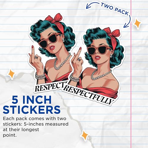 (2 Pack) Retro Woman Stickers - Vintage Lady Stickers - Respectfully Stickers - 5" On Longest Side - Sticks to Any Smooth Flat Surface - Made in USA - BMCS3029