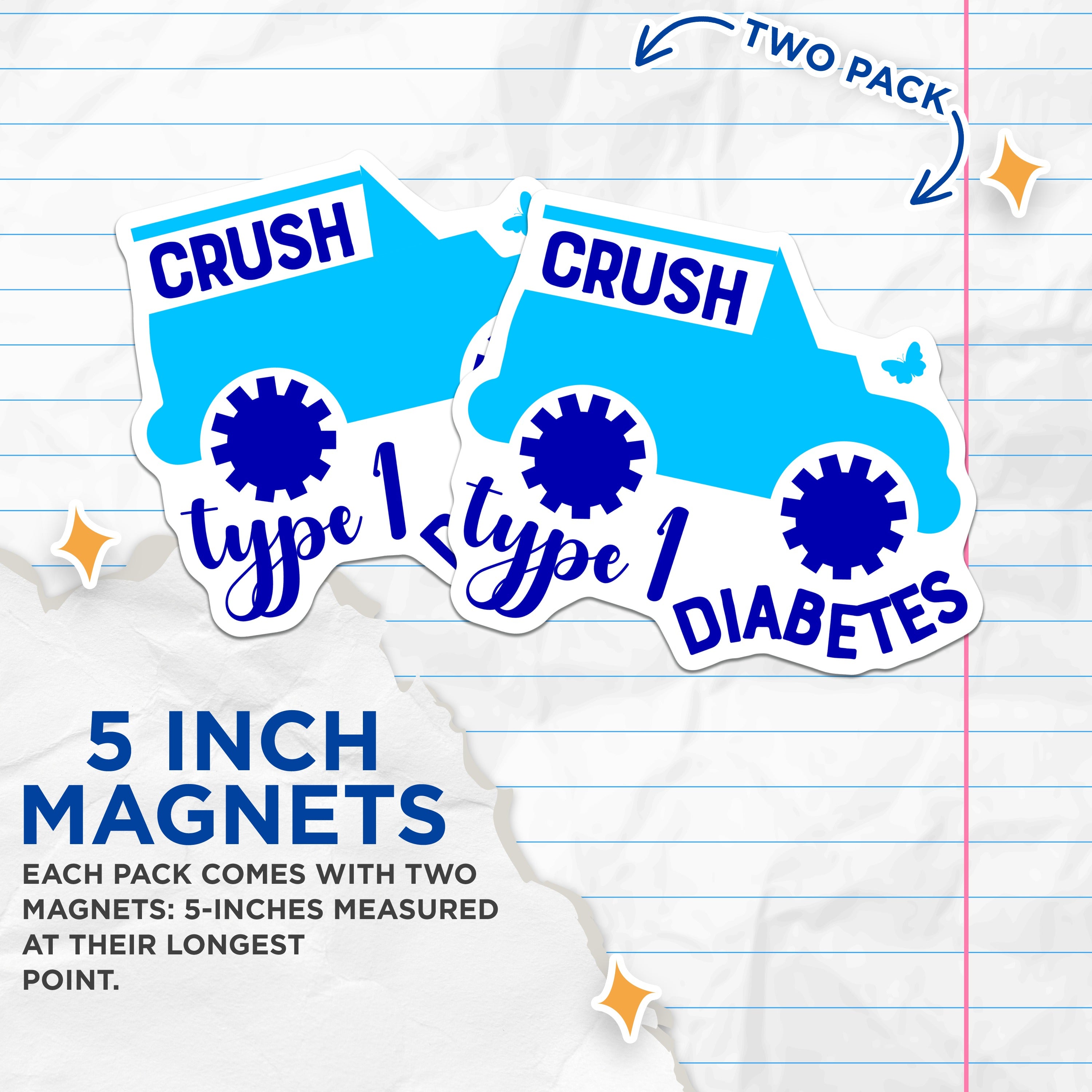 (2 Pack) Type 1 Diabetes Magnets - T1D Awareness Support - Insulin Dependent Warrior - Medical Alert Reminder - 5 Inches On Longest Side - Thick Durable Magnet - Made in USA - MAG38458