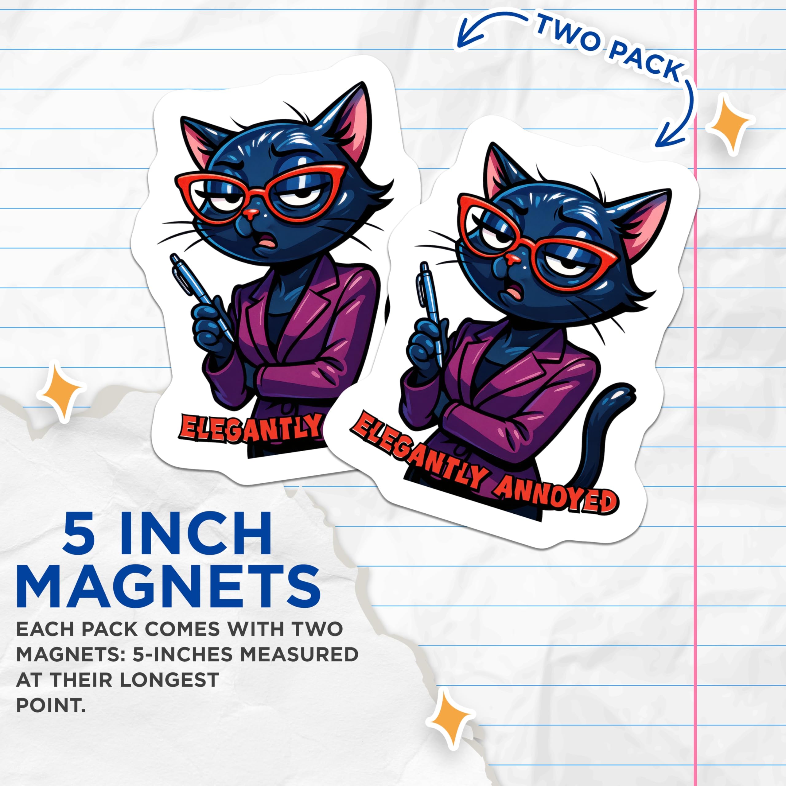 (2 Pack) Elegantly Annoyed Cat Magnets - Sarcastic Black Cat - Office Humor Desk Decor - 5 Inches On Longest Side - Thick Durable Magnet - Made in USA - MAG22501