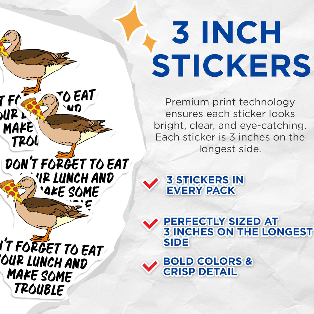 (3 Pack) Duck Pizza Decals - Funny Duck Laptop Stickers - Eat Lunch Decal - 3 Inches On Longest Side - Easy Peel & Apply - Made in USA - 3MCS4498