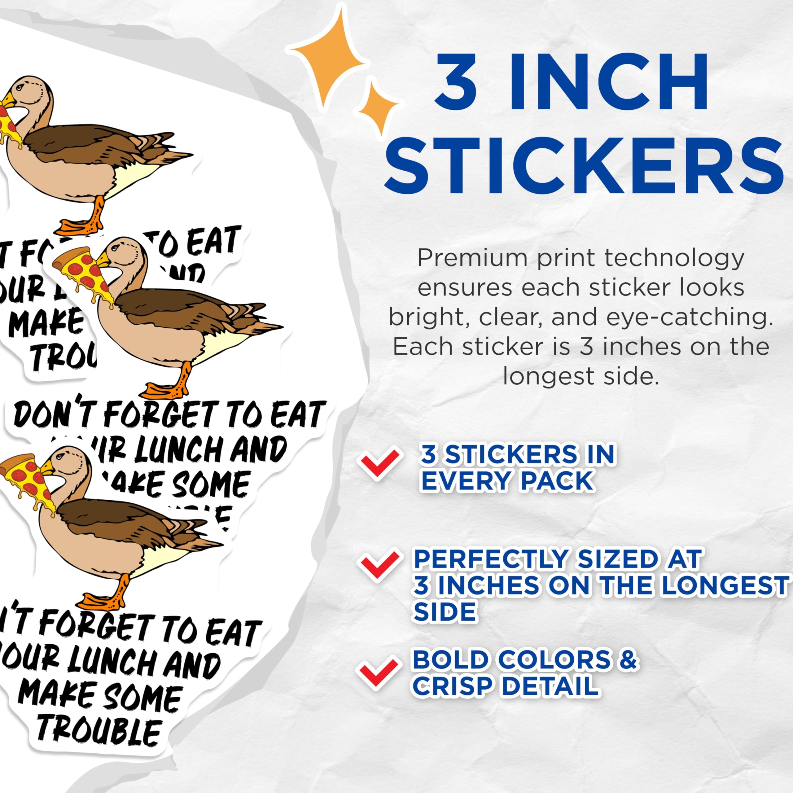 (3 Pack) Duck Pizza Decals - Funny Duck Laptop Stickers - Eat Lunch Decal - 3 Inches On Longest Side - Easy Peel & Apply - Made in USA - 3MCS4498