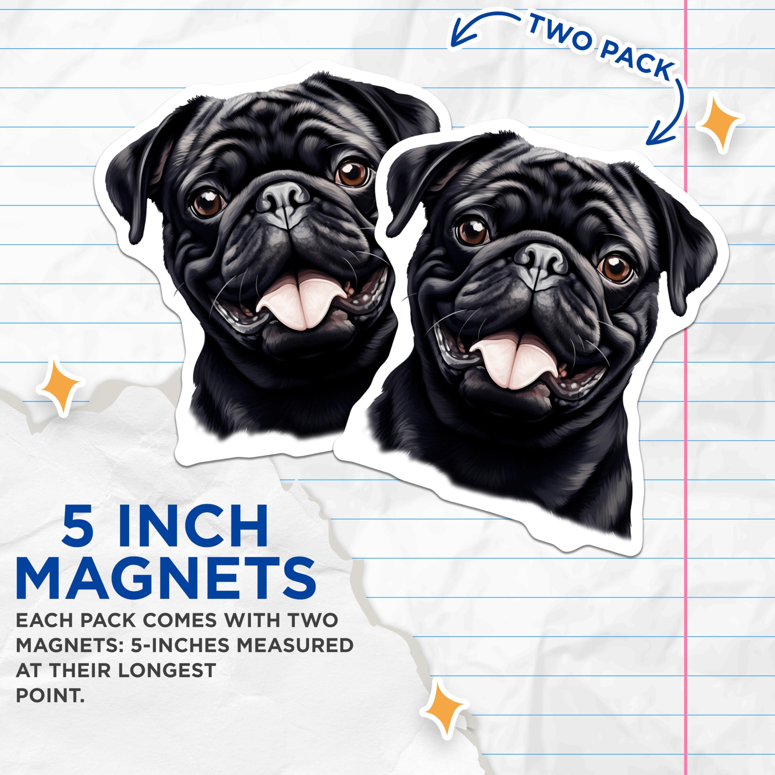 (2 Pack) Black Pug Dog Magnets - Cute Happy Pug Face Artwork - Pet Owner Animal Lover Kitchen Decor Accent - 5 Inches On Longest Side - Thick Durable Magnet - Made in USA - MAG28513