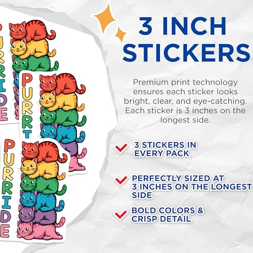 (3 Pack) Purride Cat Decals - Colorful Cats - Stacked Kitten Laptop Decal - 3 Inches On Longest Side - Easy Peel & Apply - Made in USA - 3MCS8318
