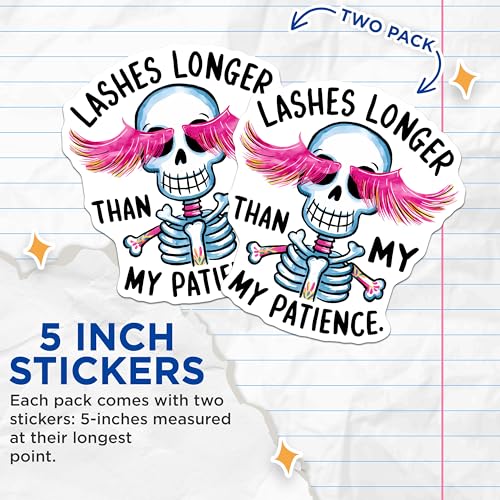 (2 Pack) Funny Skeleton Stickers - Lashes Longer Than My Patience - Quirky Decals for Laptop and Water Bottle - 5" On Longest Side - Sticks to Smooth Flat Surfaces - Made in USA - BMCS3792
