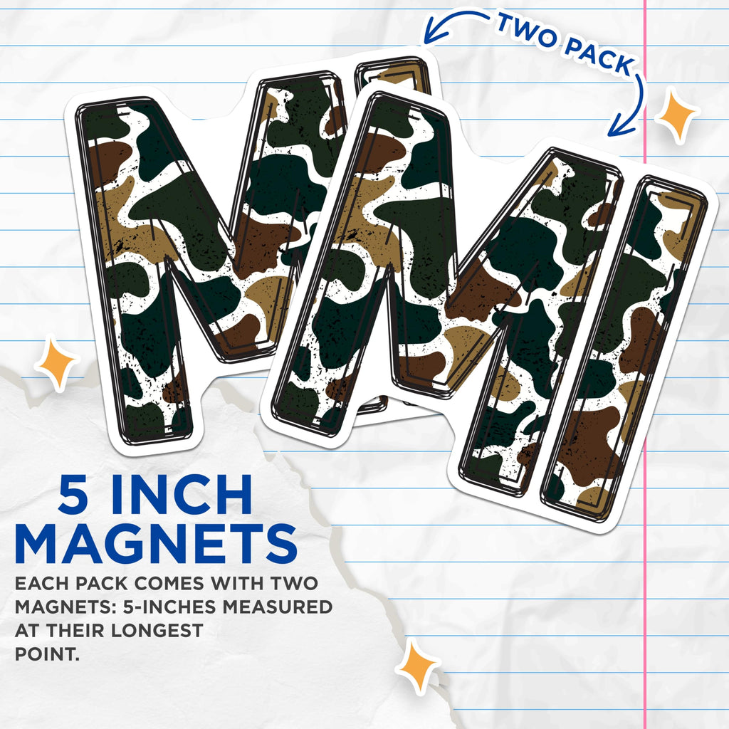 (2 Pack) Camouflage Letter M Magnets - Military Initial Decor - Alphabetical Refrigerator Magnet - 5 Inches On Longest Side - Thick Durable Magnet - Made in USA - MAG22797