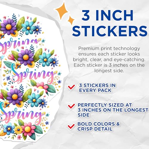(3 Pack) Spring Floral Decals - Flower Decal - Seasonal Decorations - 3 Inches On Longest Side - Easy Peel & Apply - Made in USA - 3MCS6756