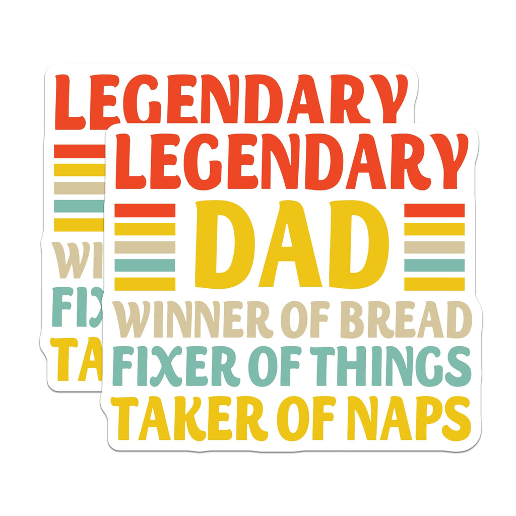 (2 Pack) Legendary Dad Stickers - Winner of Bread - Fixer of Things - Taker of Naps - 5" On Longest Side - Sticks to Smooth Flat Surfaces - Made in USA - BMCS4711