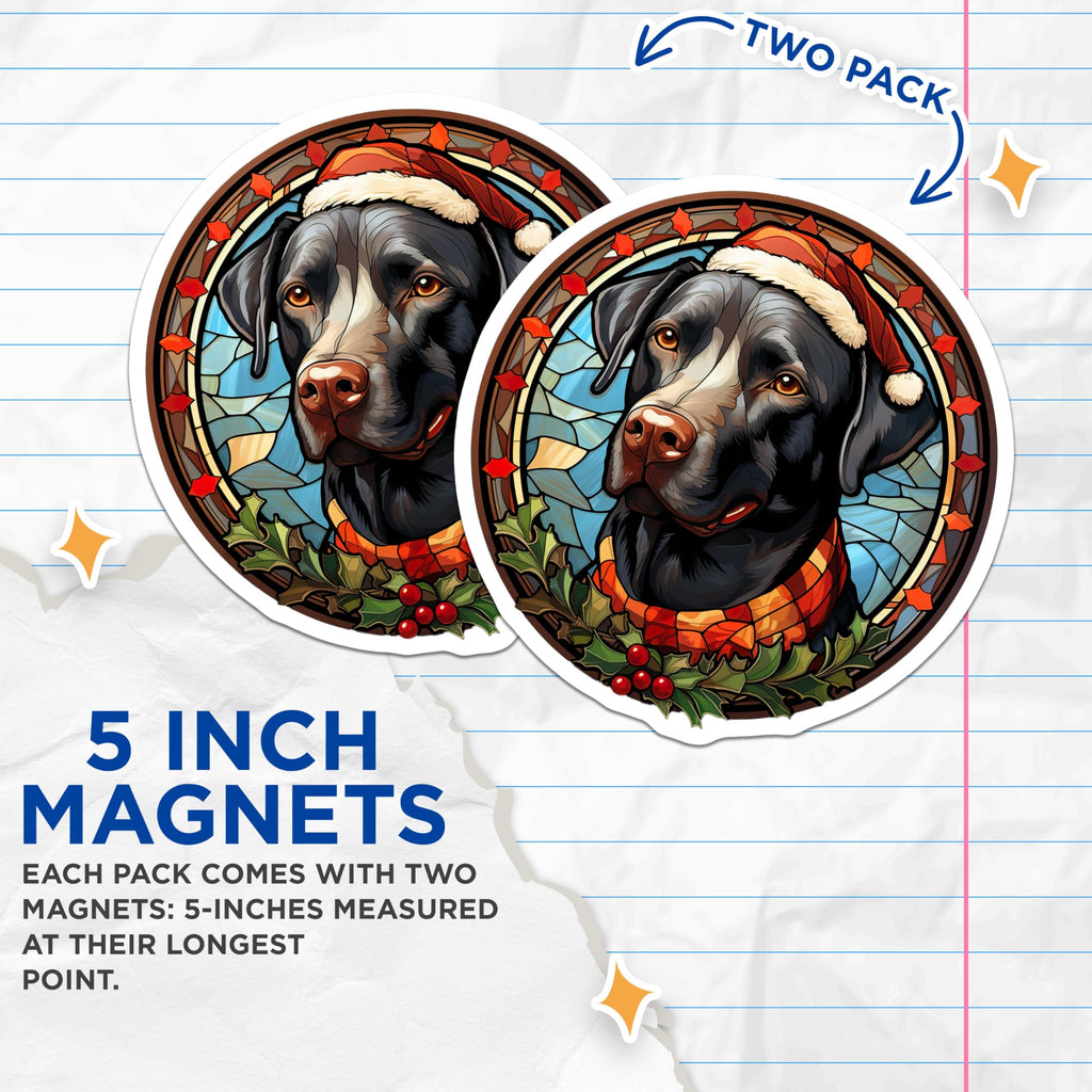 (2 Pack) Black Lab Christmas Magnets - Dog Lover Refrigerator Decor - Stained Glass Holiday Art - 5 Inches On Longest Side - Thick Durable Magnet - Made in USA - MAG29284