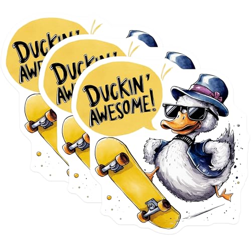 (3 Pack) Duckin Awesome Decals - Skateboard Duck - Funny Laptop Decal - 3 Inches On Longest Side - Easy Peel & Apply - Made in USA - 3MCS7306