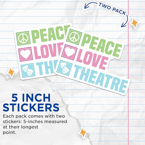 (2 Pack) Peace Love Theatre Stickers - Theatre Arts Stickers - Drama Club Stickers - 5" On Longest Side - Sticks to Smooth Flat Surfaces - Made in USA - BMCS5251