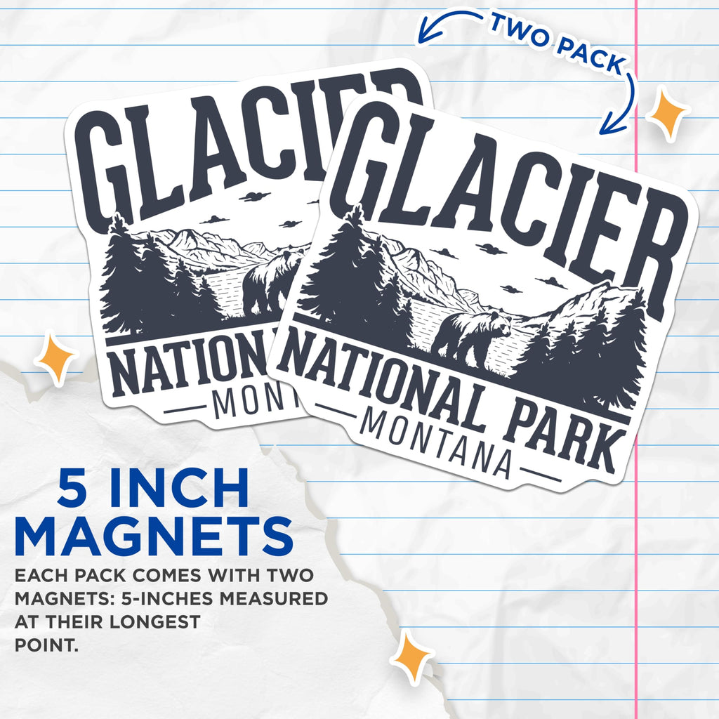 (2 Pack) Glacier National Park Magnets - Montana Bear Lake Scene - Wilderness Travel Decor - 5 Inches On Longest Side - Thick Durable Magnet - Made in USA - MAG19345