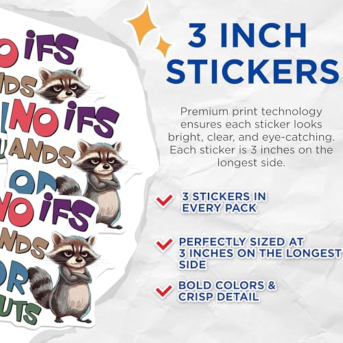 (3 Pack) Grumpy Raccoon Decals - No IFS Ands Or Buts - Attitude Laptop Decals - 3 Inches On Longest Side - Easy Peel & Apply - Made in USA - 3MCS8469