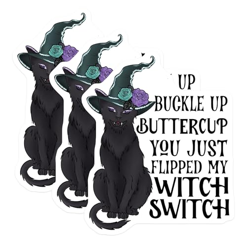 (3 Pack) Witch Cat Decals - Buckle Up Buttercup - Spooky Season Sticker - 3 Inches On Longest Side - Easy Peel & Apply - Made in USA - 3MCS2941