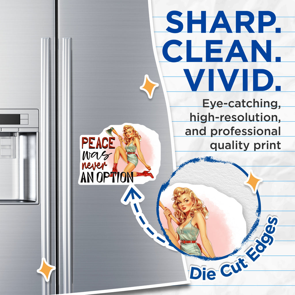 (2 Pack) Pin Up Girl Magnets - Peace was Never an Option - Retro Dark Humor - Vintage Aesthetic Refrigerator Accent - 5 Inches On Longest Side - Thick Durable Magnet - Made in USA - MAG36894