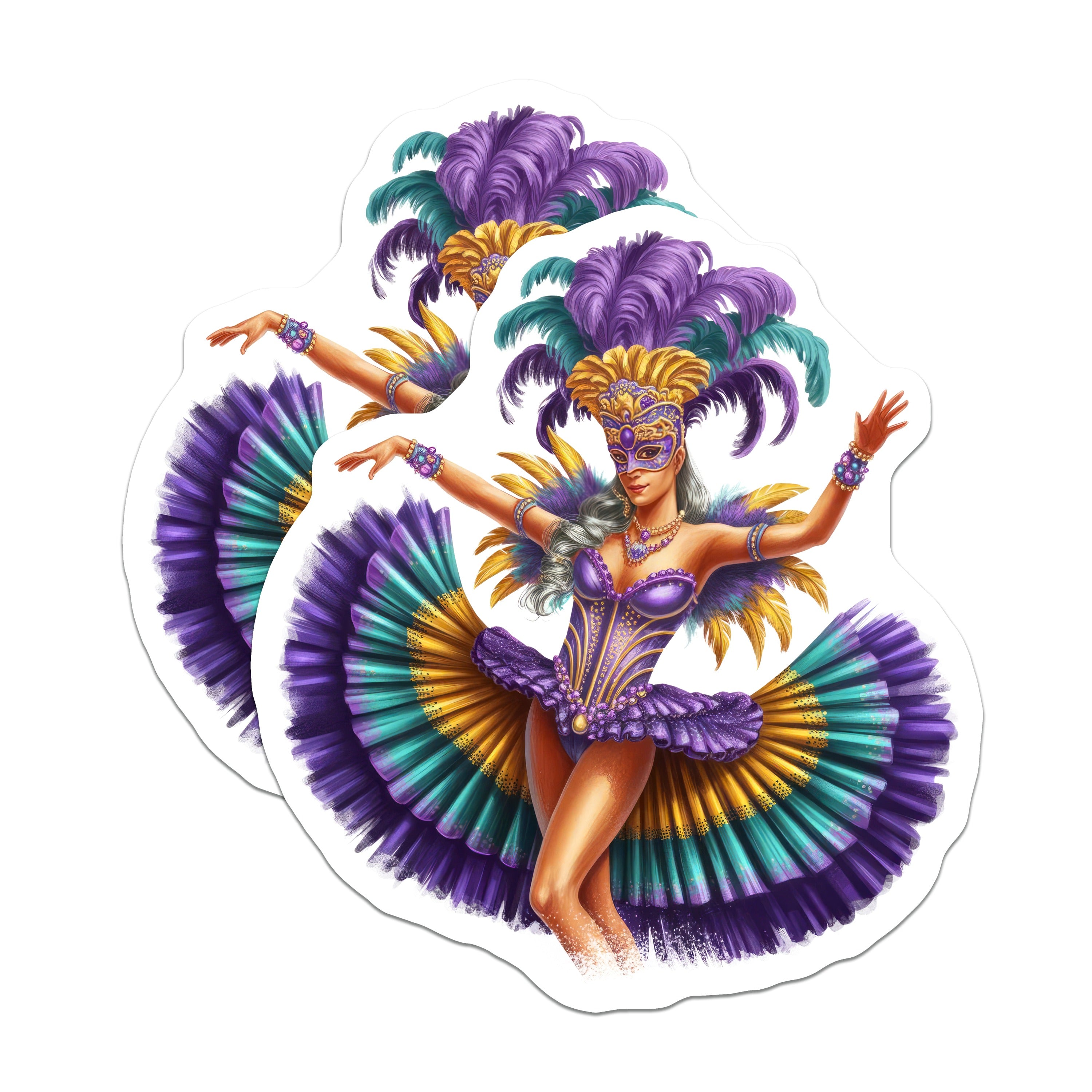 (2 Pack) Mardi Gras Dancer Magnets - New Orleans Carnival Decor - Festive Purple Gold Teal - 5 Inches On Longest Side - Thick Durable Magnet - Made in USA - MAG36902